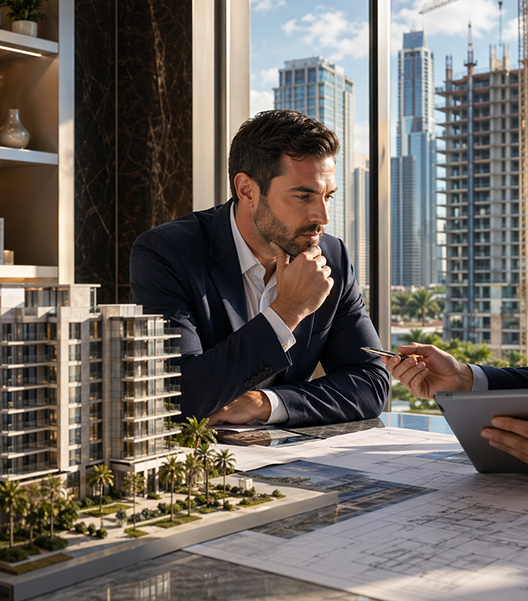 Asesor revisando una maqueta y planos de un proyecto de construcción en una reunión