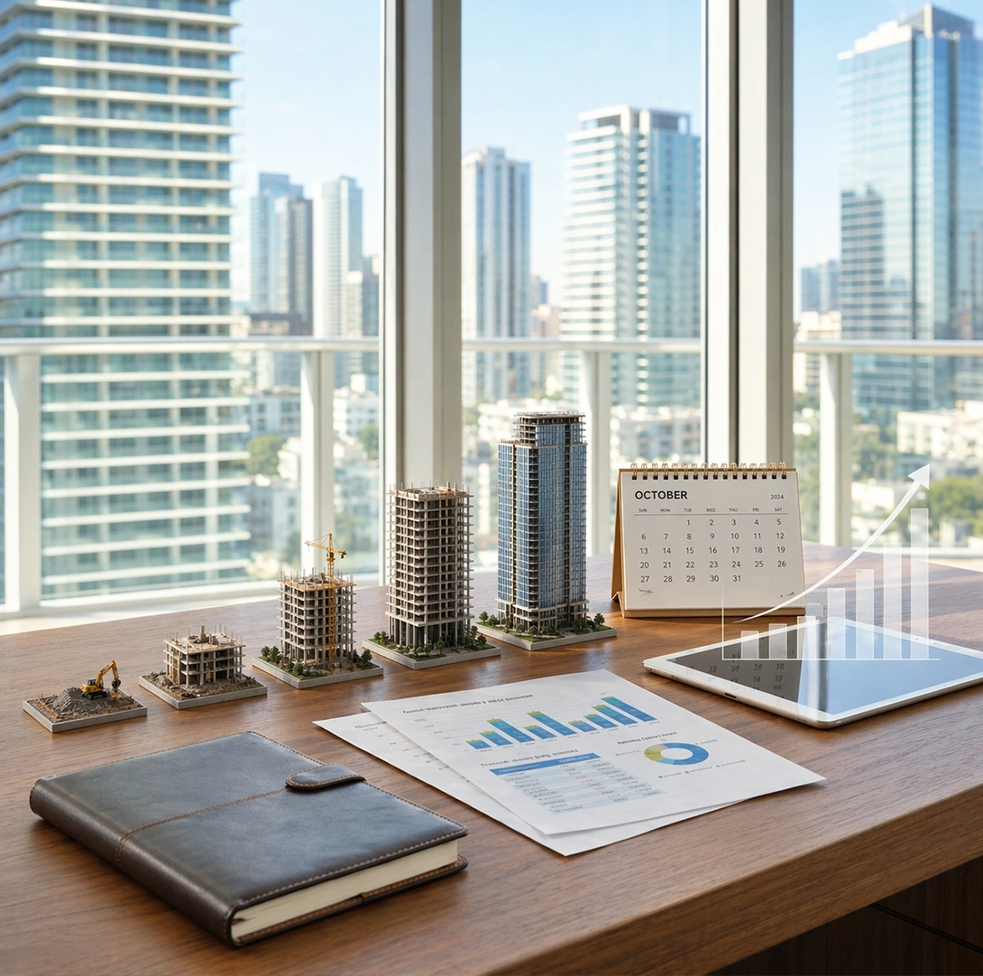 Maquetas de edificios y gráficos de inversión sobre una mesa de trabajo con skyline al fondo
