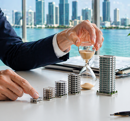 Reloj de arena junto a edificios en miniatura que representan la duración de las oportunidades de inversión